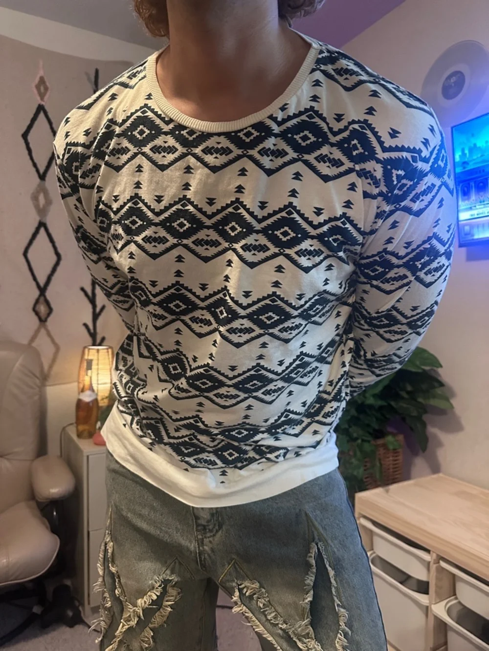 21men Cream and Dark Blue Aztec Crewneck Sweater - Picture 3 of 13